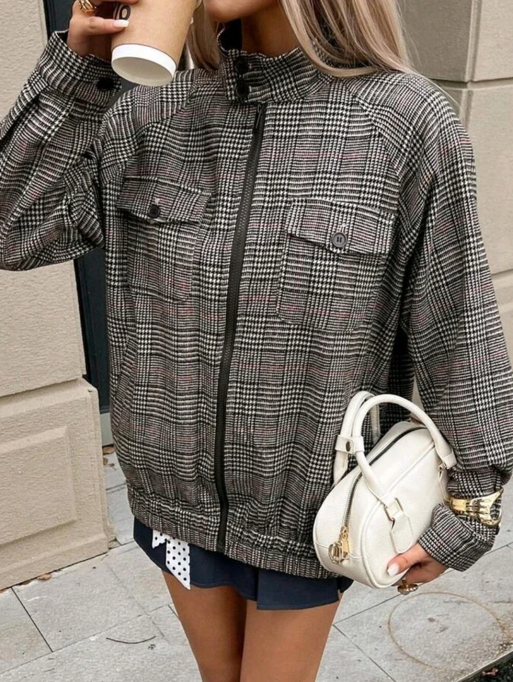 Women's Plaid Zipper Casual Versatile Daily Travel Long Sleeve Jacket